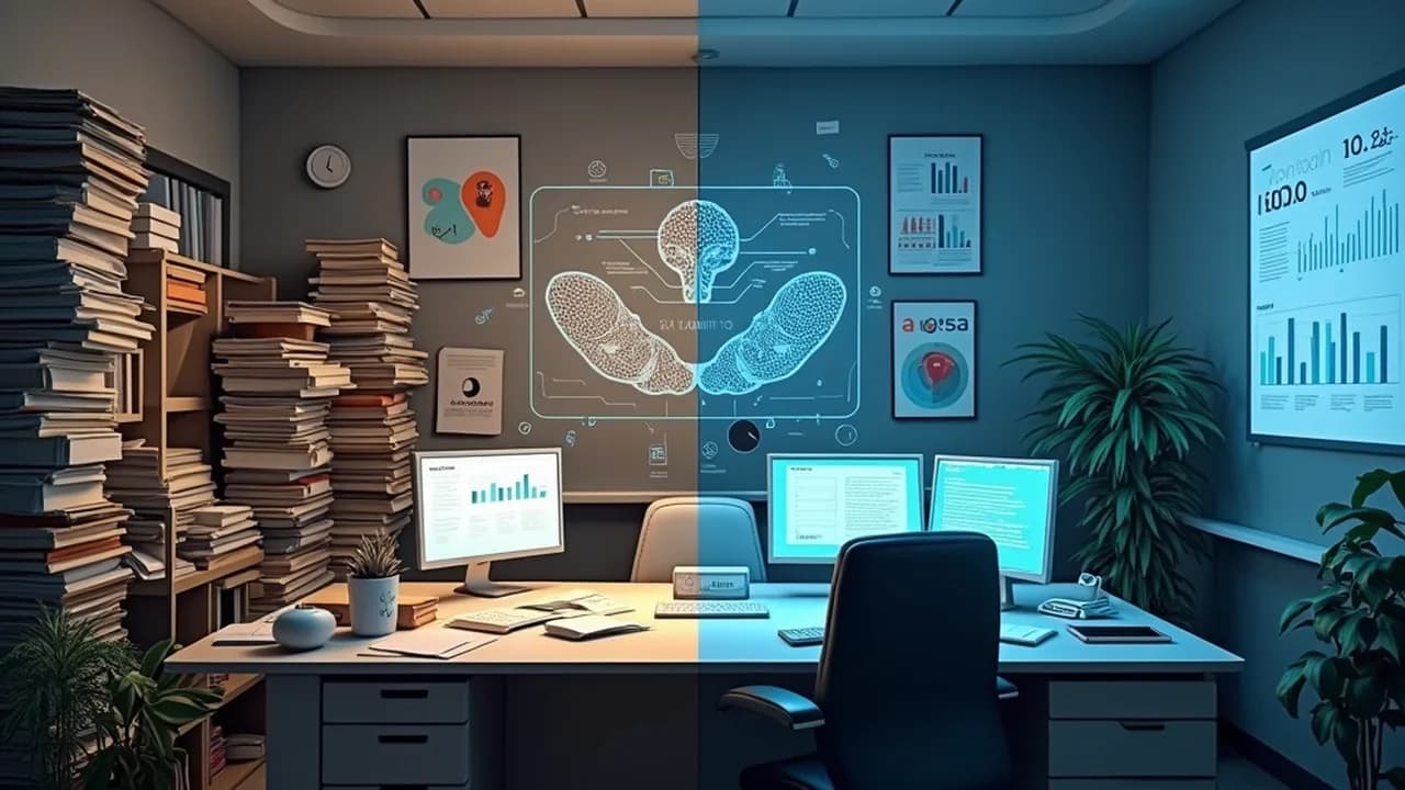 Two halves of an office: stacks of files and paper on the left, an orderly workstation with screens on the right.